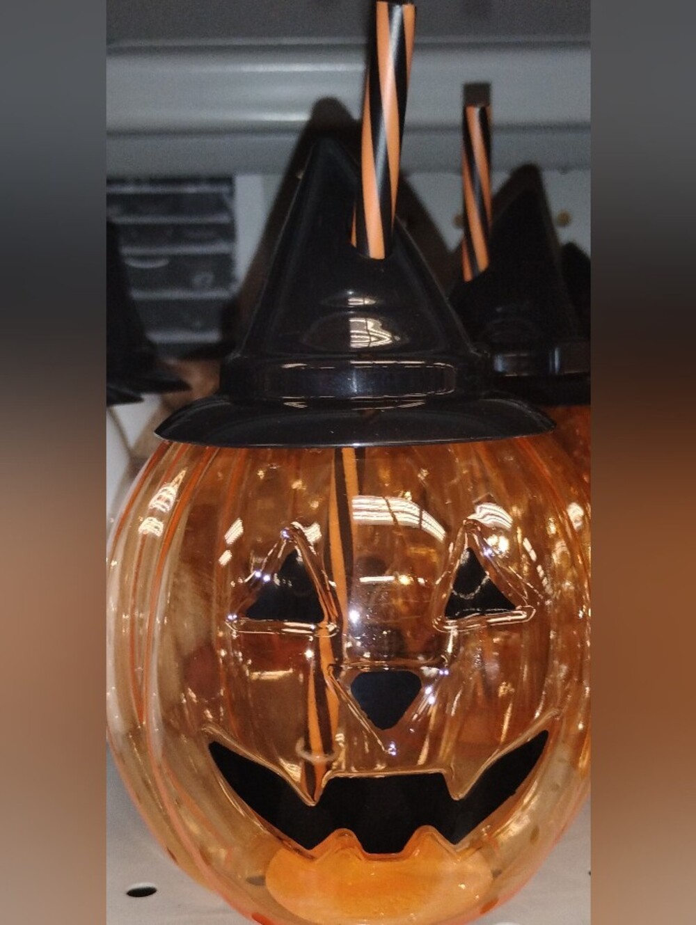 Jack-O'-Lantern Glass jar with a Witch Hat Lid & an Orange & Black Striped Straw
